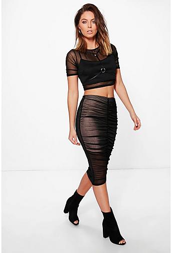 Eve Rouched Front Mesh Midi Skirt