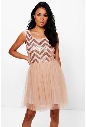 Tamara Sequin Top Mesh Skirt Skater Dress