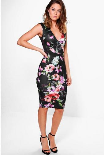Ela V Neck Floral Printed Midi Dress