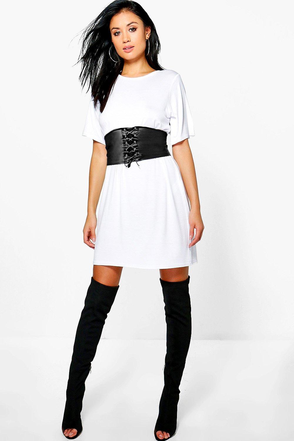 white t shirt dress with black corset