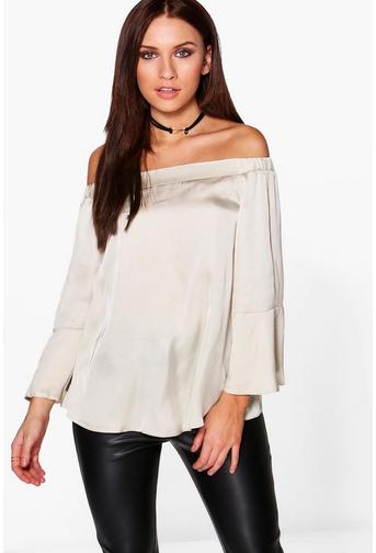 Lisa Satin Flute Sleeve Bardot Top