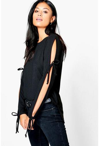 Lucy Cold Shoulder Lace Up Sleeve Jumper