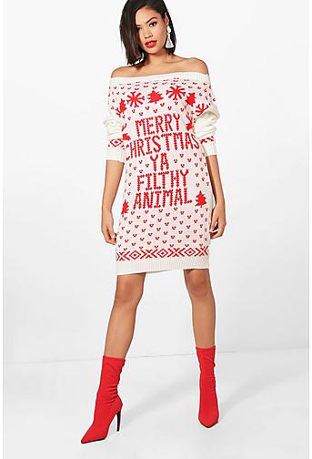 Lacey Slash Neck Filthy Animal Christmas Jumper Dress