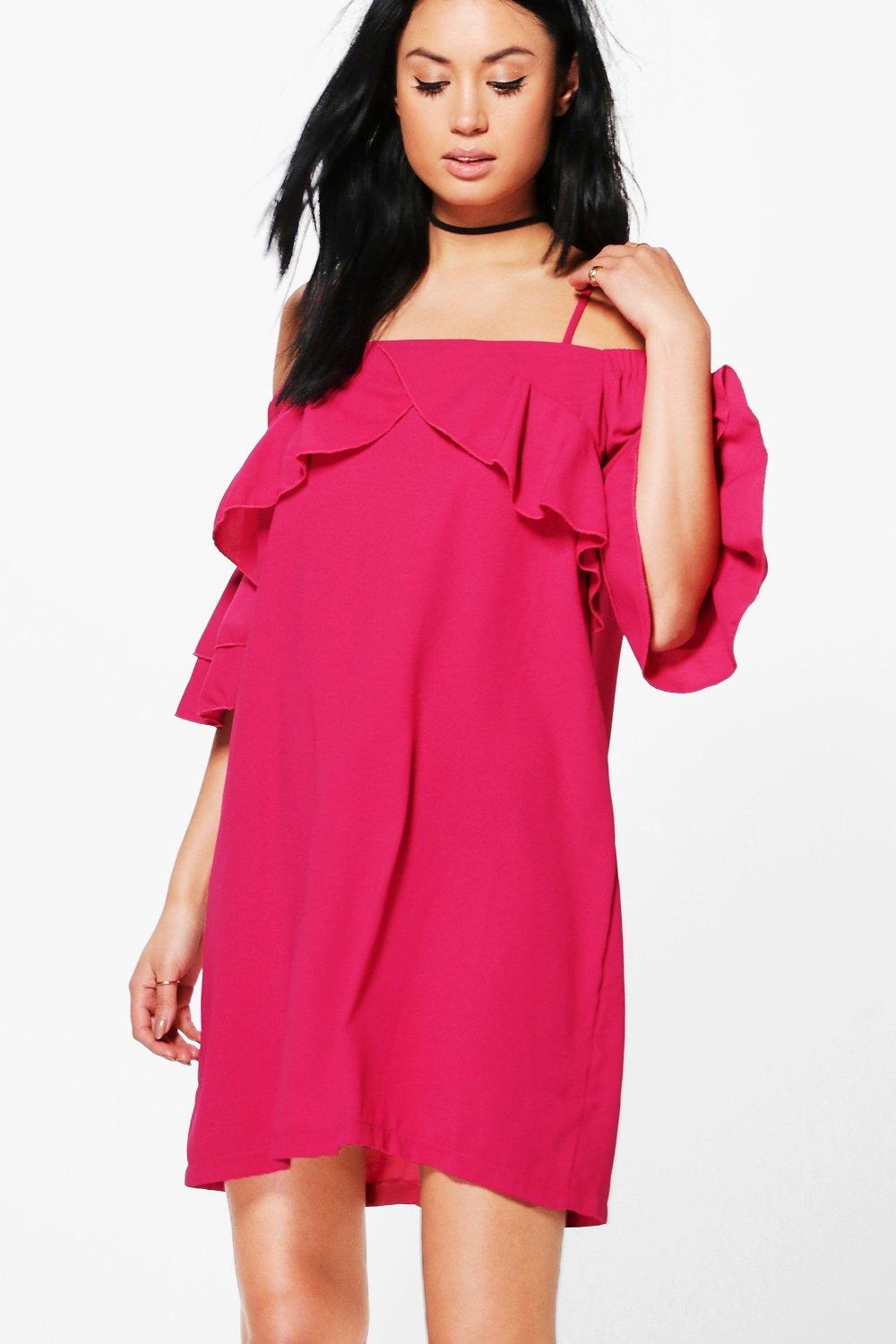 Una Cold Shoulder Ruffle Shift Dress