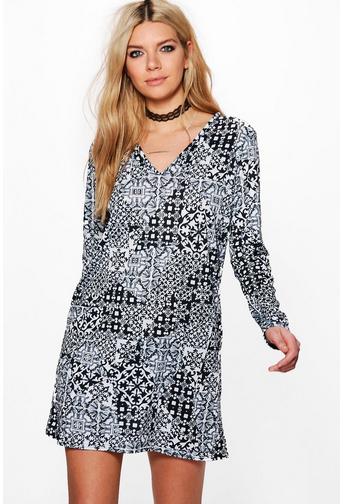 Riana Mono Print Long Sleeve Shift Dress