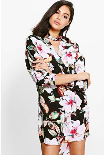 Marie Floral Choker Wrap Shirt Dress