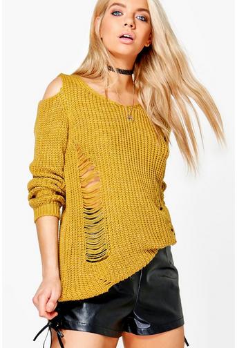 Lottie Soft Knit Cold Shoulder Distressed Jumper Dress