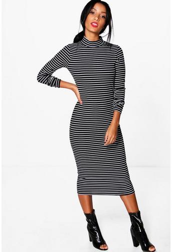 Cora High Neck Striped Ribbed Bodycon Midi Dress