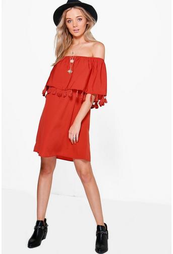 Jess Off Shoulder Pom Pom Shift Dress