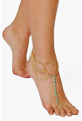 Honey Turquoise Bead & Chain Footlet Anklet