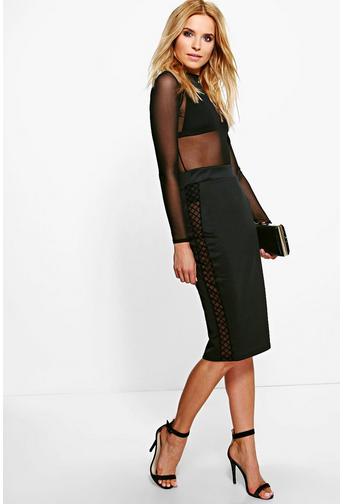 Amarah Grid Side Crepe Midi Skirt