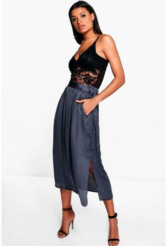Lexi Gathered Waist Side Split Satin Midi Skirt