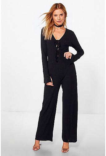Jen Lace Up Extra Long Sleeve Ribbed Jumpsuit