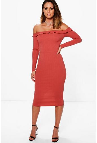 Belle Frill Off Shoulder Midi Bodycon Dress