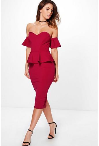 Eva Off Shoulder Frill Detail Peplum Midi Dress