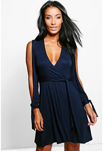 Asia Open Sleeve Tie Detail Wrap Skater Dress!