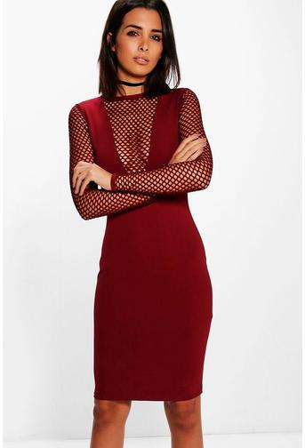 Lottie Long Sleeved Fishnet V Neck Midi Dress