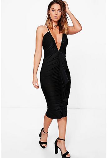 Immie Plunge Ruched Frill Slinky Midi Dress