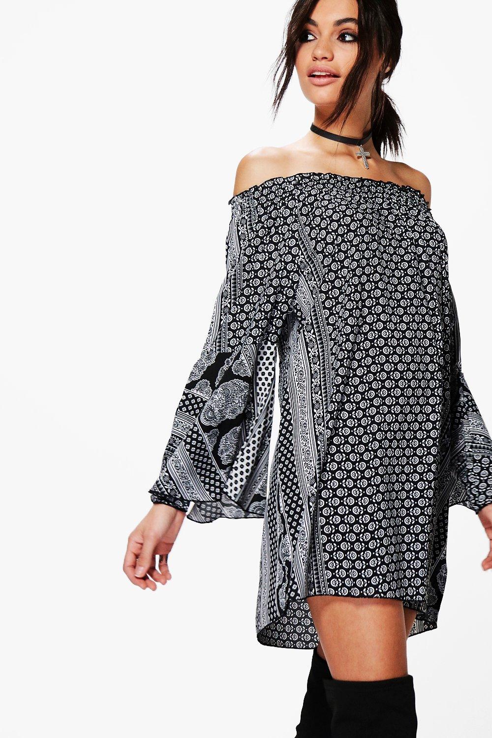Betty Mono Print Off Shoulder Shift Dress