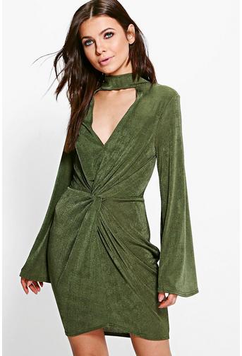 Amy Textured Slinky Choker Knot Bodycon Dress