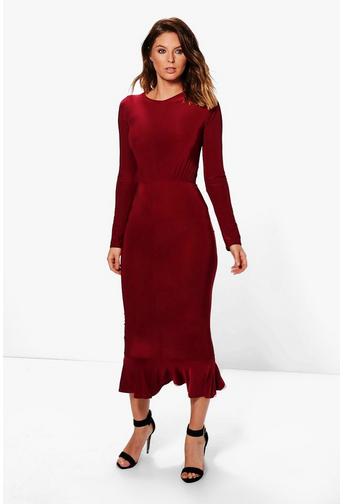 Sue Slinky Long Sleeved Peplum Hem Midi Dress