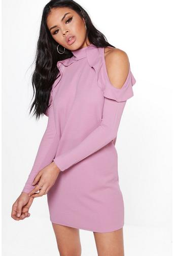 Lo High Neck Frill Detail Open Shoulder Shift Dress