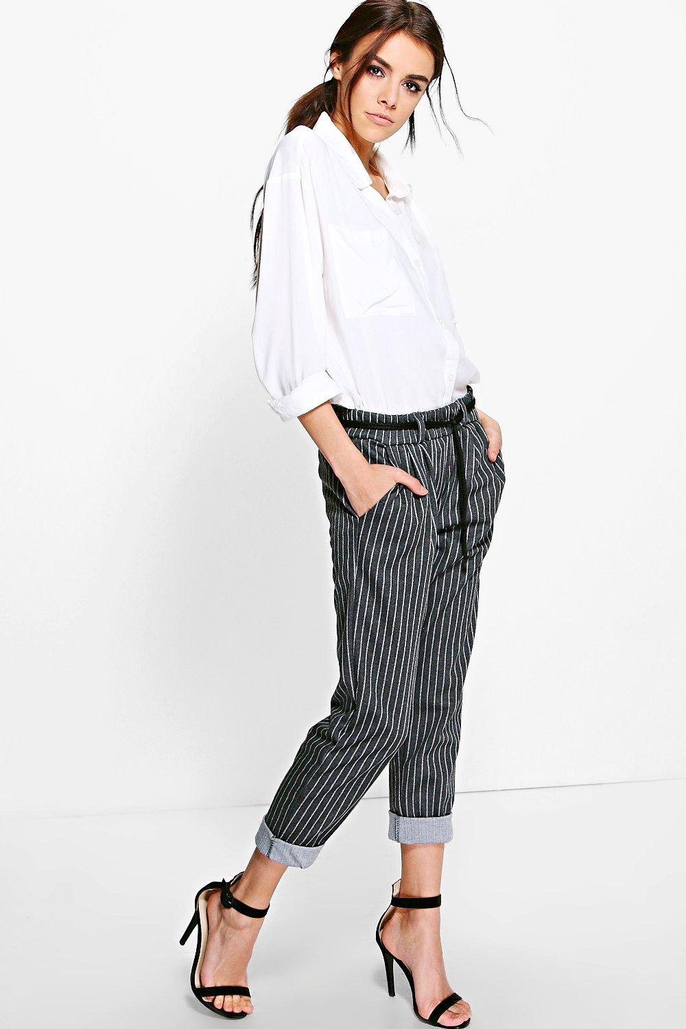 red pinstripe trousers