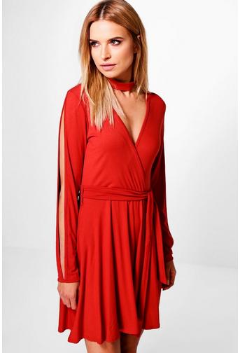 Sasa Choker Split Sleeve Wrap Skater Dress