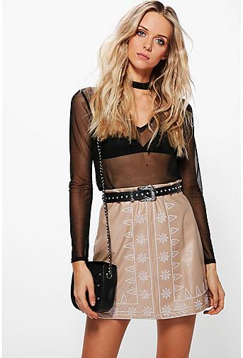 Haven Embroidered Leather Look A Line Skirt