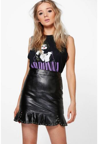 Indra Stud Work Peplum Hem Leather Look Mini