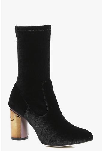 Tilly Metallic Heel Velvet Sock Boots