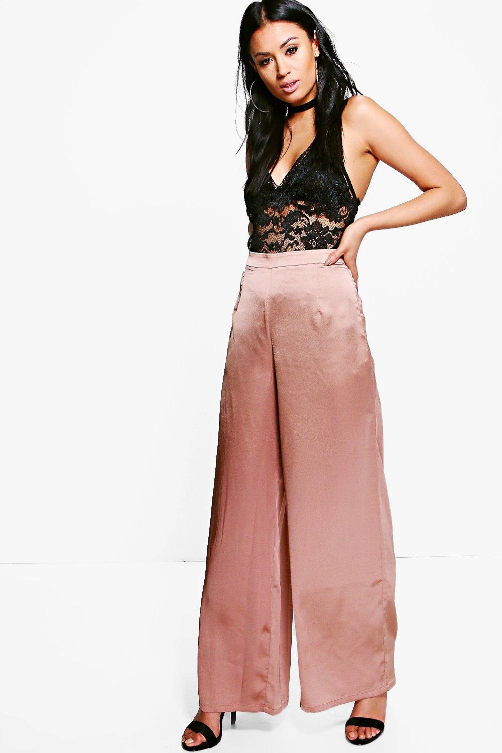 black satin wide leg trousers