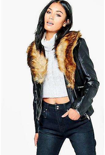 Sophie Faux Leather Jacket With Faux Fur Collar