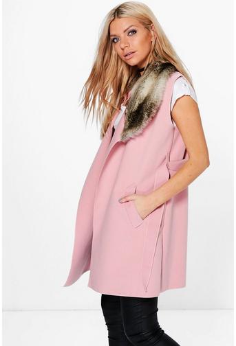 Faith Faux Fur Collar Sleeveless Wool Look Coat