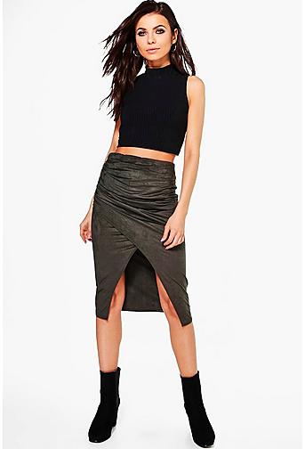 Lizzie Rouched Side Asymmetric Suedette Midi Skirt