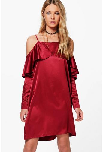 Greta Satin Open Shoulder Frill Shift Dress