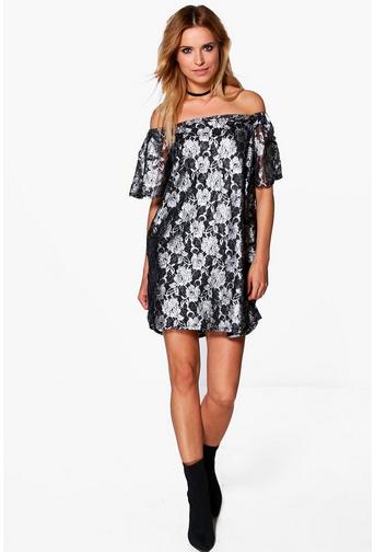 Hana Metallic Floral Off Shoulder Shift Dress