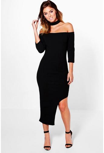 Nara Choker Off Shoulder Asymmetric Midi Dress