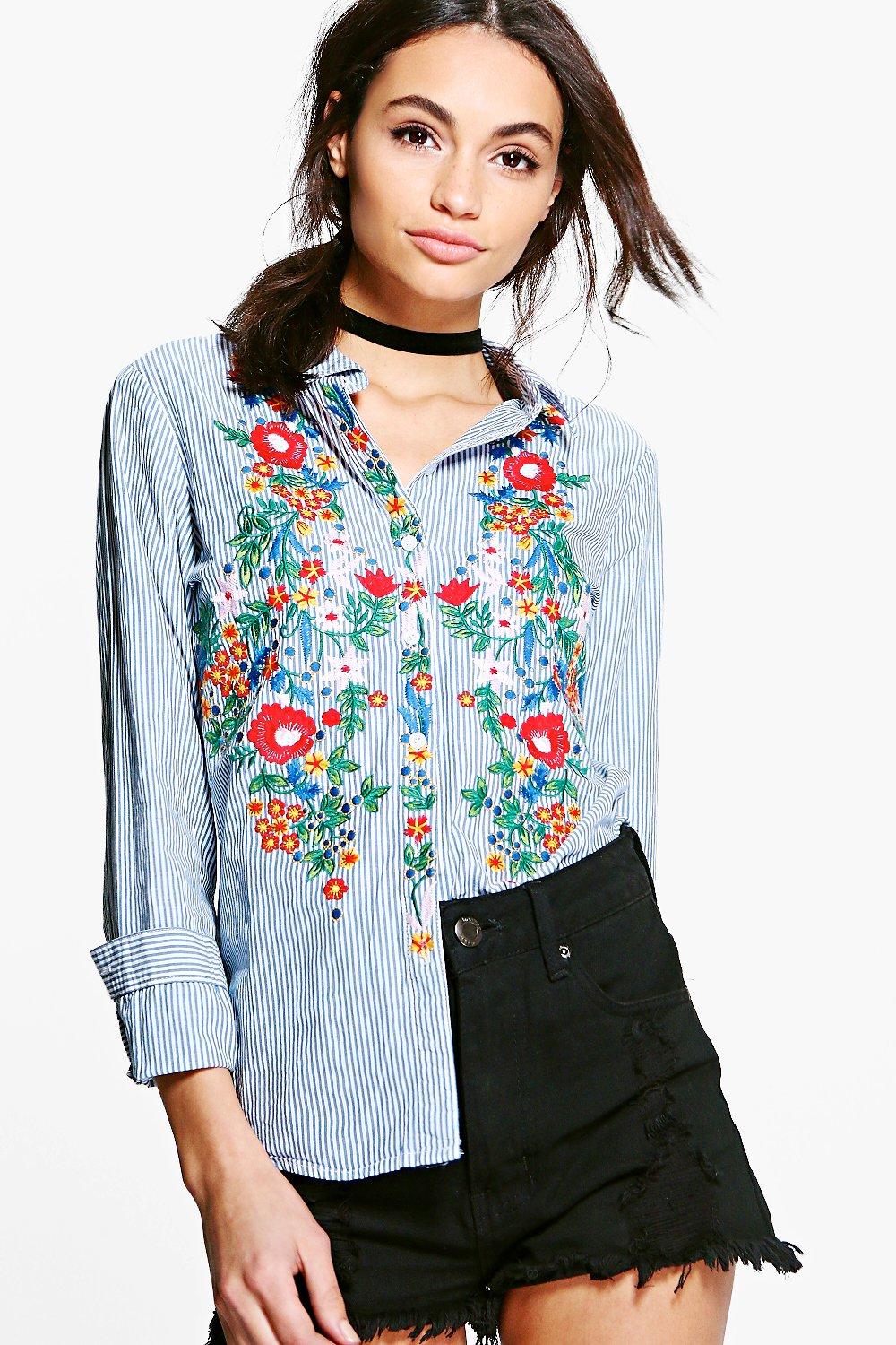 Liz Heavy Embroidered Front Stripe Shirt at boohoo.com
