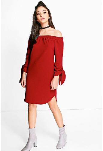 Milly Off Shoulder Curved Hem Tie Shirt Dress