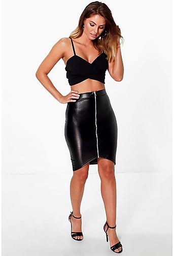 Paola Zip Front Leather Look Midi Skirt