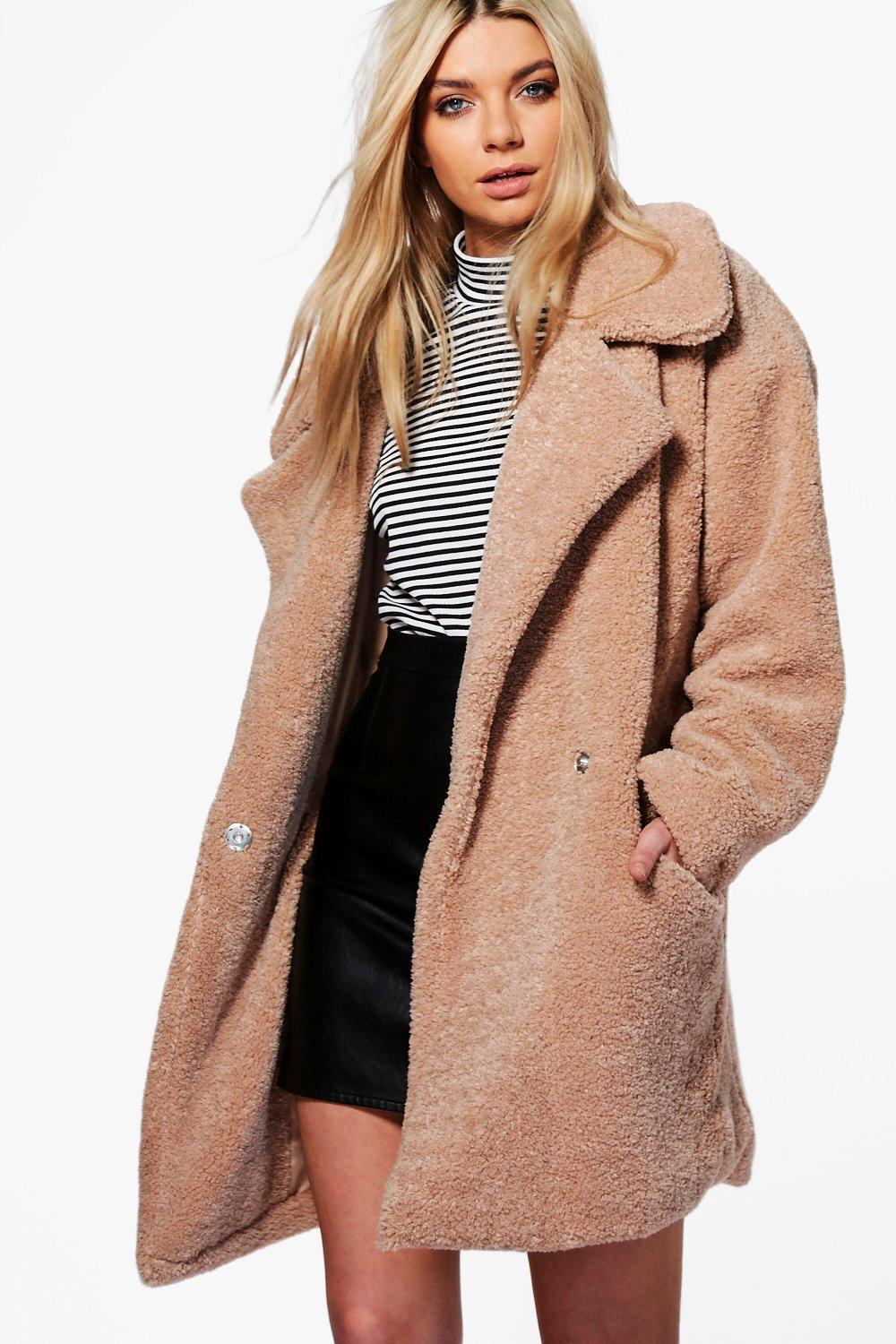 Boohoo Womens Sarah Teddy Fur Oversized Camel Coat eBay