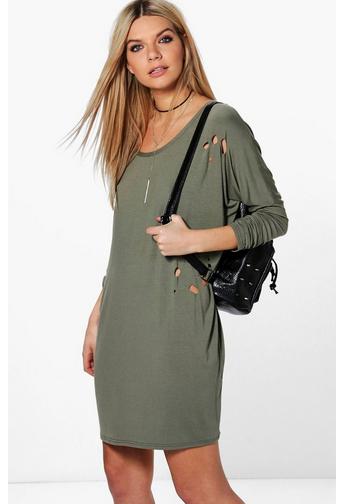 Jayne Long Sleeve Distressed Shift Dress