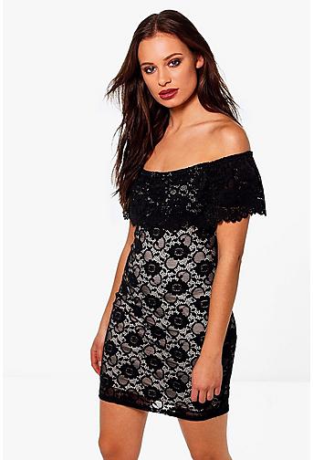 Shahad Bardot Frill Contrast Lace Mini Dress