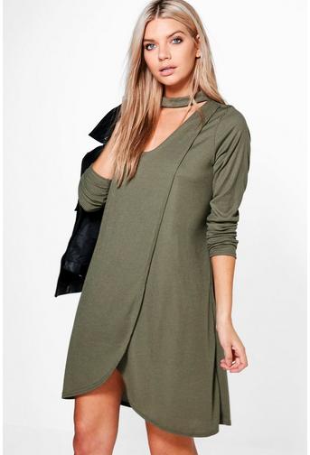 Elodie Wrap Front Rib Choker Shift Dress