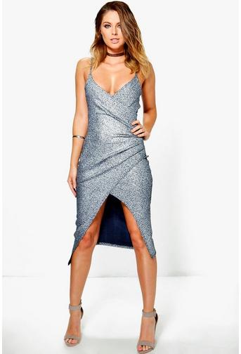Kristen Metallic Wrap Strappy Midi Dress