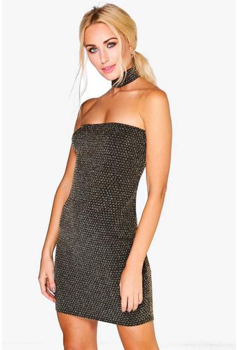 Reeva Metallic Textured Choker Bodycon Dress