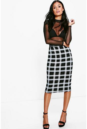 Suri Checked Bodycon Midi Skirt