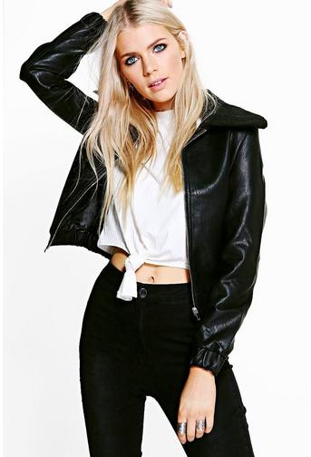 Phoebe Faux Fur Collar PU Bomber Jacket