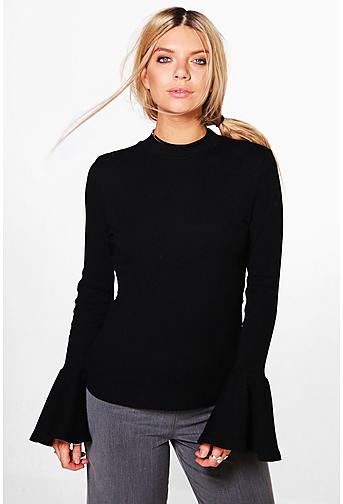 Hallie High Neck Frill Cuff Ribbed Top